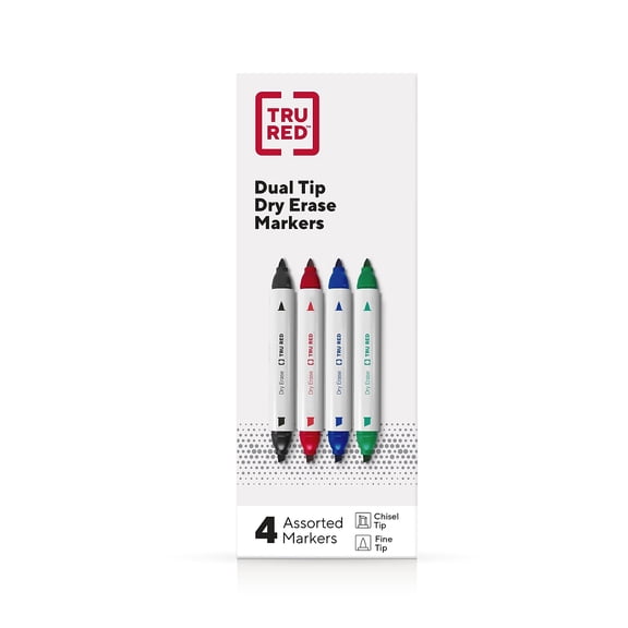 Staples TRU RED Tank Dry Erase Markers Twin Tip Assorted Colors 4/Pack TR57838