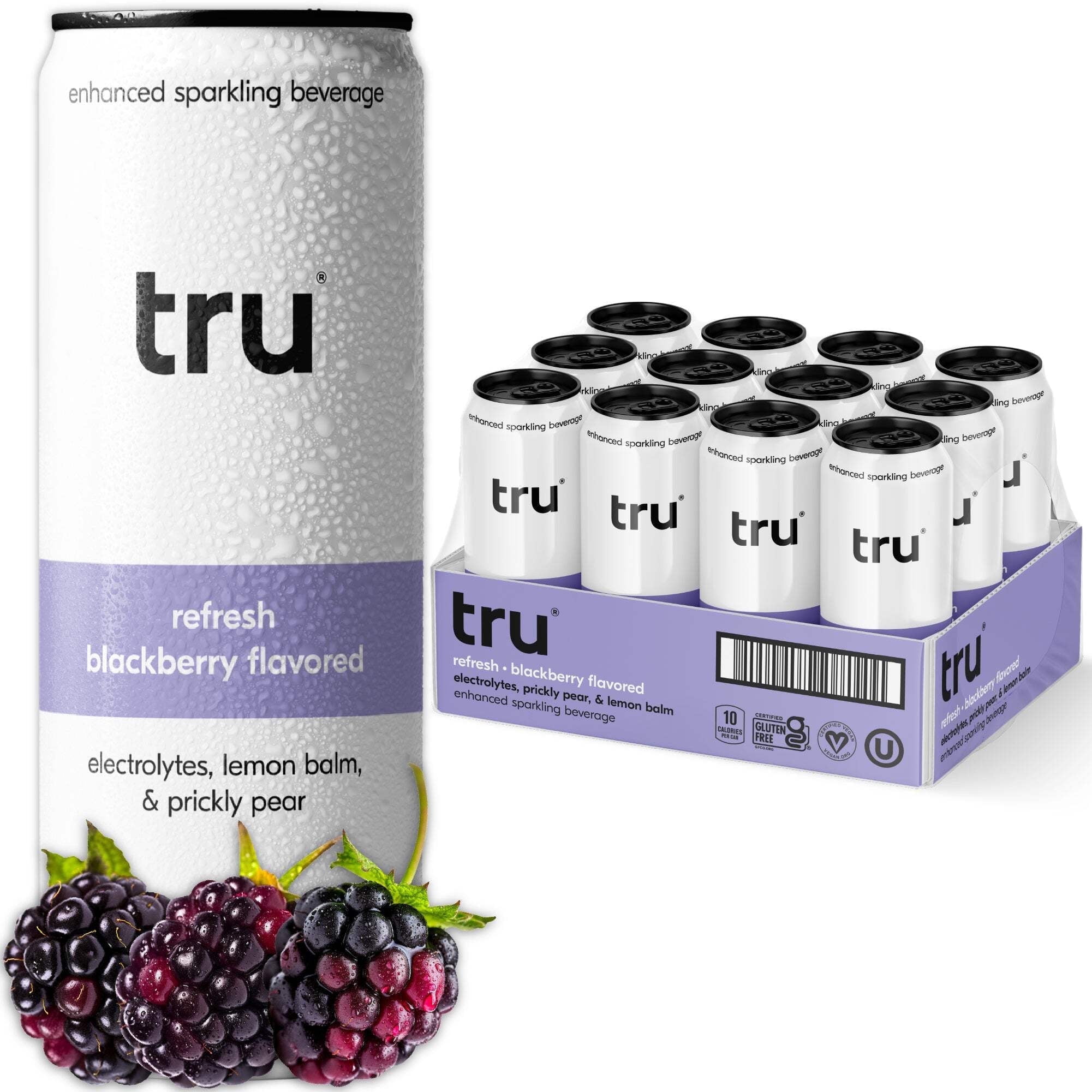 Walmart Black Friday Deals 2025 - T.R.U. Refresh Seltzer, Sparkling Blackberry Water with Electrolytes, Vegan, Low Sugar, 12 FL OZ Cans, 12 Pack