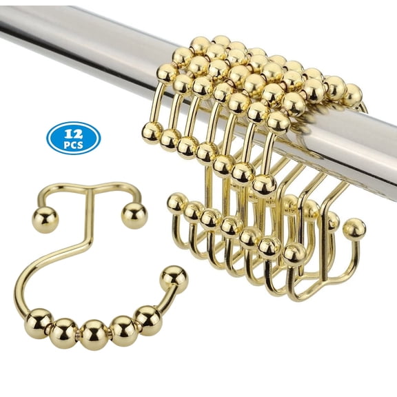 Tru-Slide Gold Rust-Resistant Metal Rollerball Shower Curtain Rings Double Hooks, 12 Count