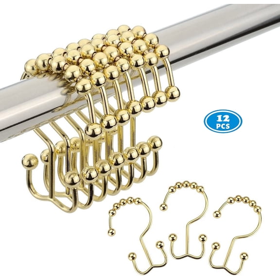 Tru-Slide Gold Rustproof Premium Stainless Steel Rollerball Shower Curtain Rings Double Hooks, 12 Count