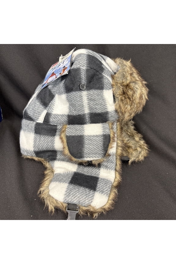 Wool/Poly Insulated Aviator Hat Blk&White Plaid Faux Fur