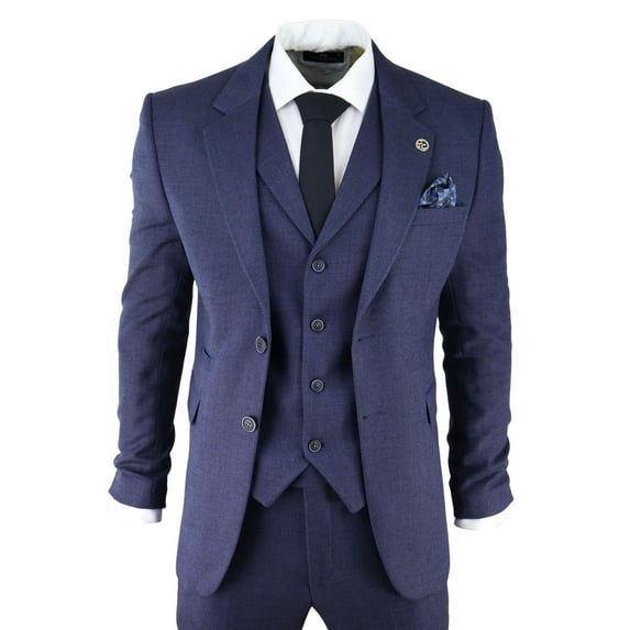 Mens Herringbone Tweed 3 Piece Suit Blue Classic Vintage Tailored Wedding Blinders