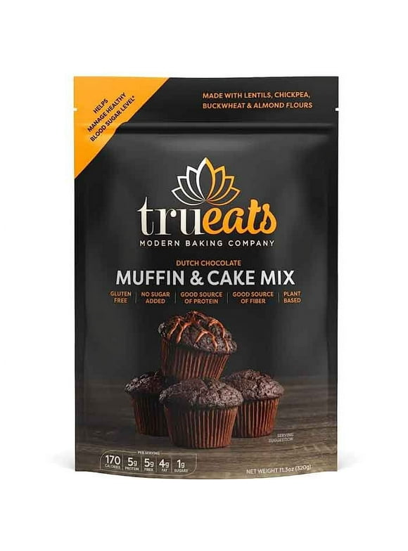 TruEats Muffin & Cake Mix: Low Glycemic, Gluten Free, No Sugar Added, Protein & Fiber Rich, Diabetic Friendly, Vegan Friendly, Plant Based, Sweetened with Monk Fruit -- Dutch Chocolate