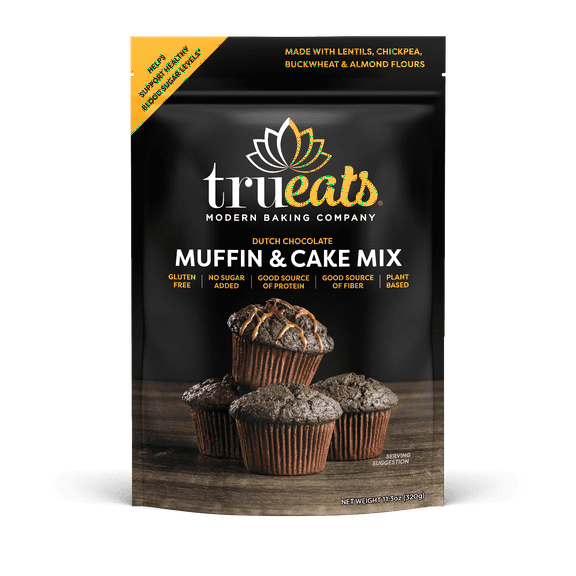 TruEats Muffin & Cake Mix: Low Glycemic, Gluten Free, No Sugar Added, Protein & Fiber Rich, Diabetic Friendly, Vegan Friendly, Plant Based, Sweetened with Monk Fruit -- Dutch Chocolate
