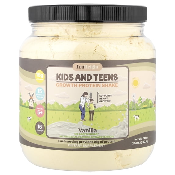 TruHeight Growth Protein Shake (Vanilla Ice Cream Flavor, Whey) Growth & Development Protein Powder for Kids & Teens - Weight Gain Drinks - Endorsed by Pediatricians, Picky Eater Vitamin, Ages 5+