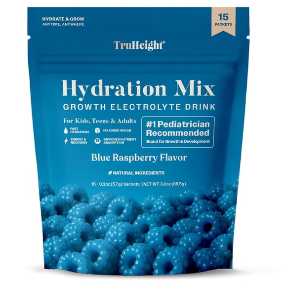 TruHeight Hydration Packets (Blue Raspberry) Kids, Teens & Adults Fast Hydration, Energy & Recovery - Dehydration Relief Electrolytes Powder Packets for Athletes - Sugar Free, Zero Calorie, Non-GMO