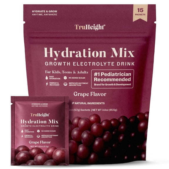 TruHeight Hydration Packets (Grape) Kids, Teens & Adults Fast Hydration, Energy & Recovery - Dehydration Relief Electrolytes Powder Packets for Athletes - Sugar Free, Zero Calorie, Non-GMO, Vegan