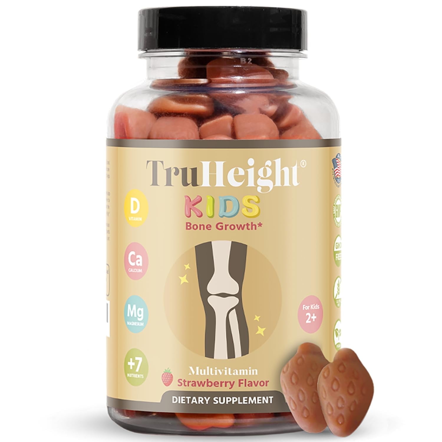 TruHeight Kids Bone Growth Gummies (Strawberry, Ages 2+) All Natural Kids & Toddler Vitamins - Vitamin D, Calcium, K2, Magnesium Multivitamin, Natural Growth & Development, Builds Strong Bones, Vegan