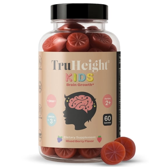 TruHeight Kids Brain Growth Gummies (Mixed Berry, Ages 2+) All Natural Kids & Toddler Vitamins - Omega-3, DHA Multivitamin - Brain & Memory Supplements - Vegan Vitamin, Gluten Free Supplement