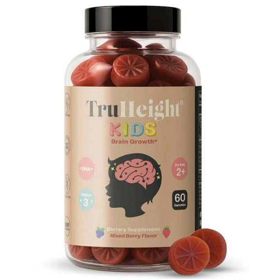 TruHeight Kids Brain Growth Gummies (Mixed Berry, Ages 2+) All Natural Kids & Toddler Vitamins - Omega-3, DHA Multivitamin - Brain & Memory Supplements - Vegan Vitamin, Gluten Free Supplement