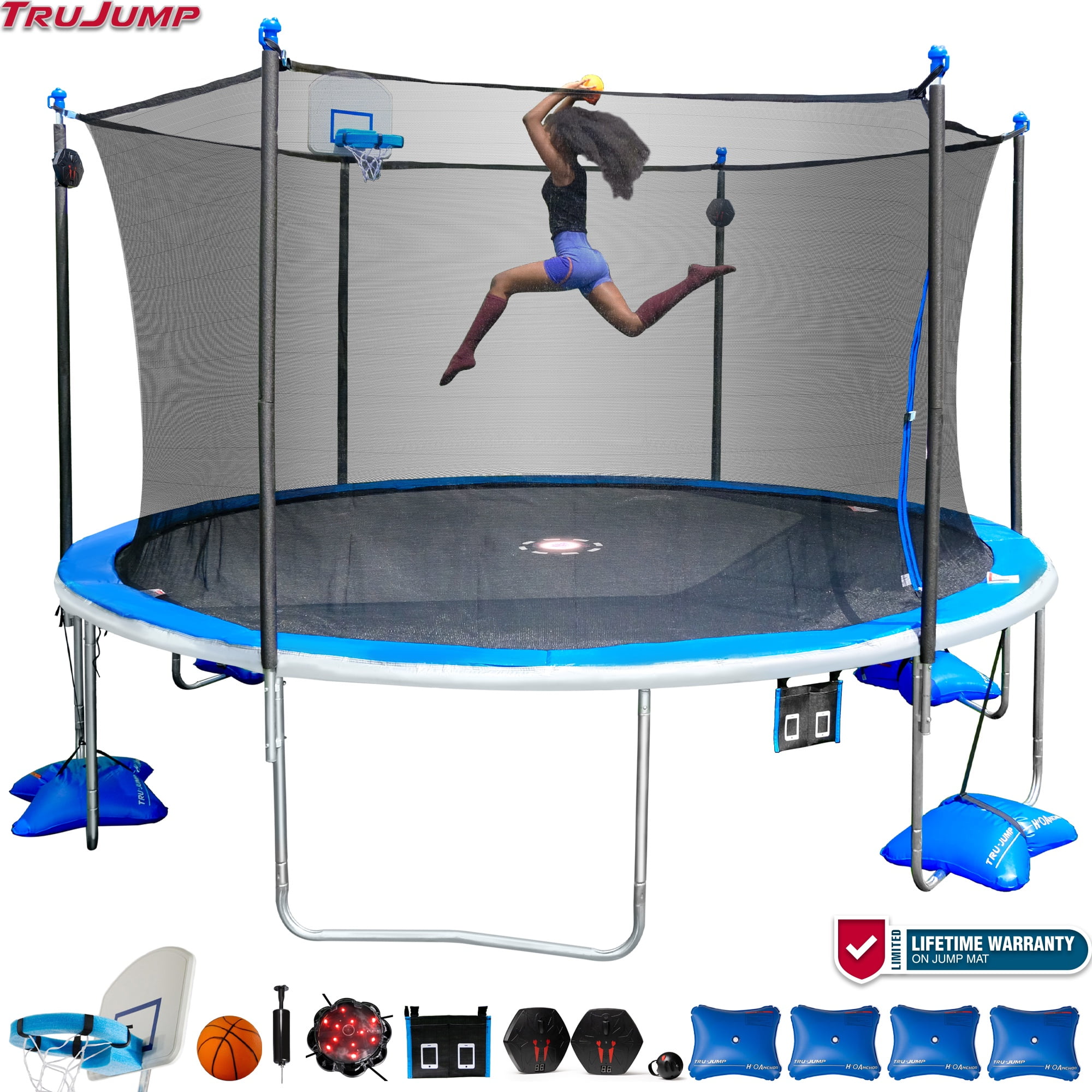 TruJump 14 FT ULTIMATE MULTIPLAY Heavy Duty Outdoor Trampoline with Dunk Zone Basketball Hoop system, Safety Enclosure Net, Electron Shooter, Water Anchor, Flashlite Zone and Phone Pouch
