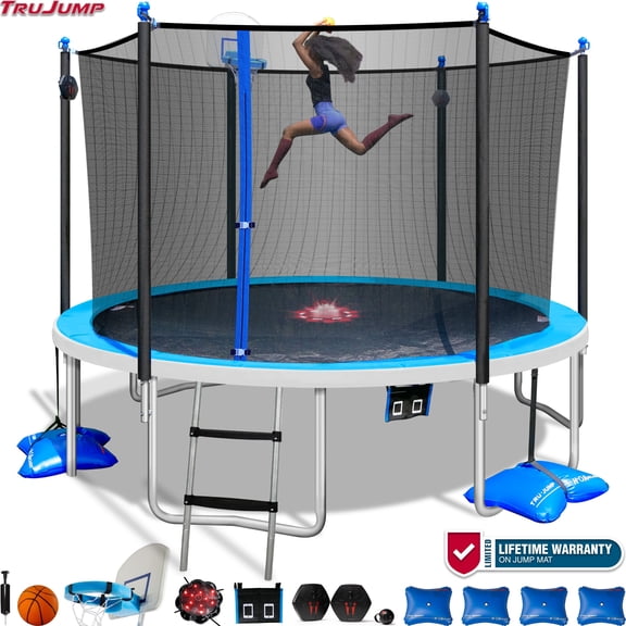 TruJump 14 FT ULTIMATE MULTIPLAY Heavy Duty Outdoor Trampoline with Dunk Zone Basketball Hoop system, Safety Enclosure Net, Electron Shooter, Water Anchor, Flashlite Zone and Phone Pouch, ASTM