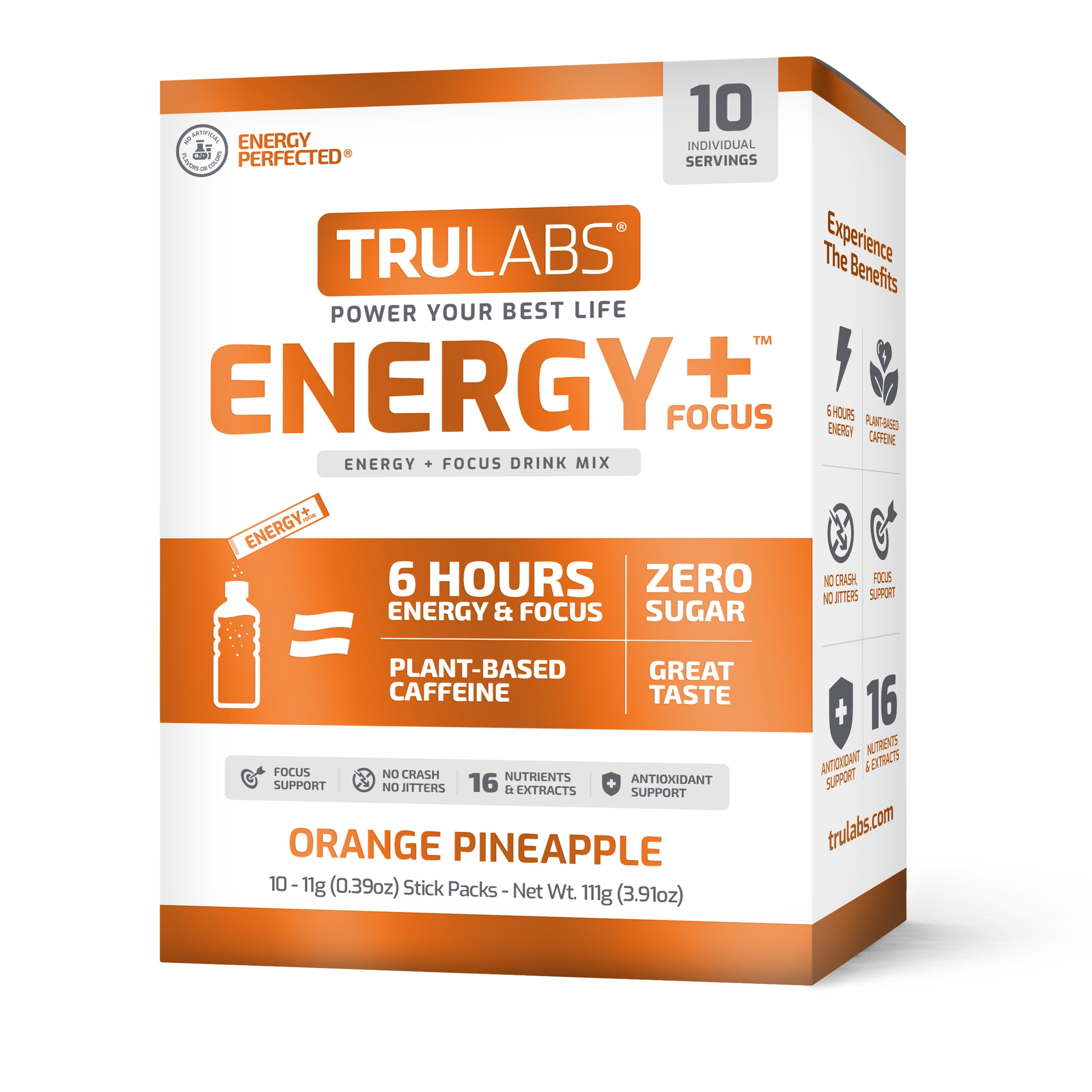 TruLabs Energy + Focus, Powdered Drink Mix, Orange Pineapple \ 10