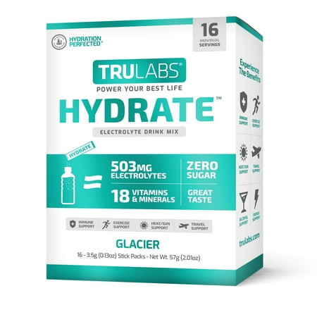 TruLabs Hydrate Glacier Electrolyte Powdered Drink Mix, Sugar-Free, 16 Sticks