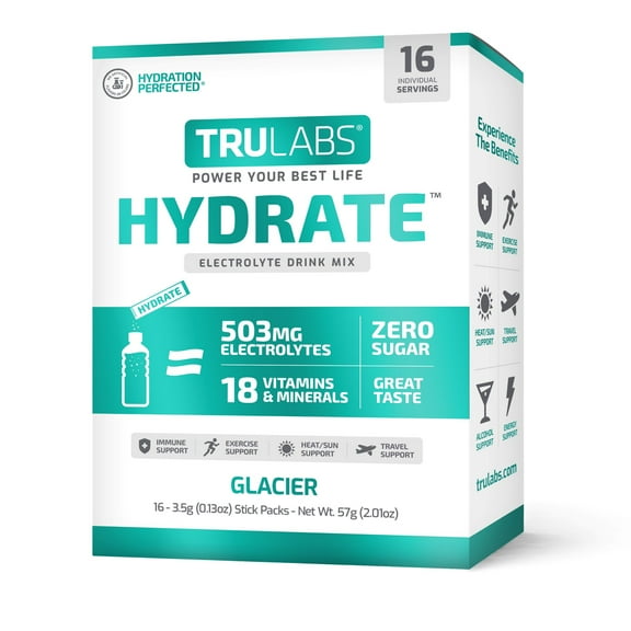 TruLabs Hydrate Glacier Electrolyte Powdered Drink Mix, Sugar-Free, 16 Sticks
