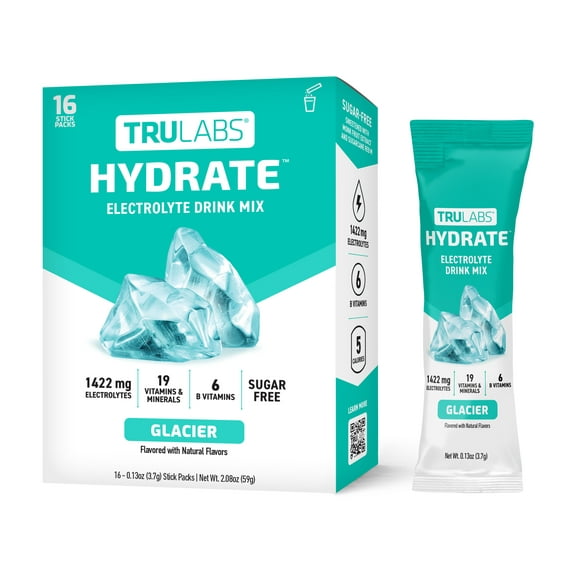 TruLabs Hydrate Powders Glacier, Electrolyte Drink Mix, 16 Stick Packets
