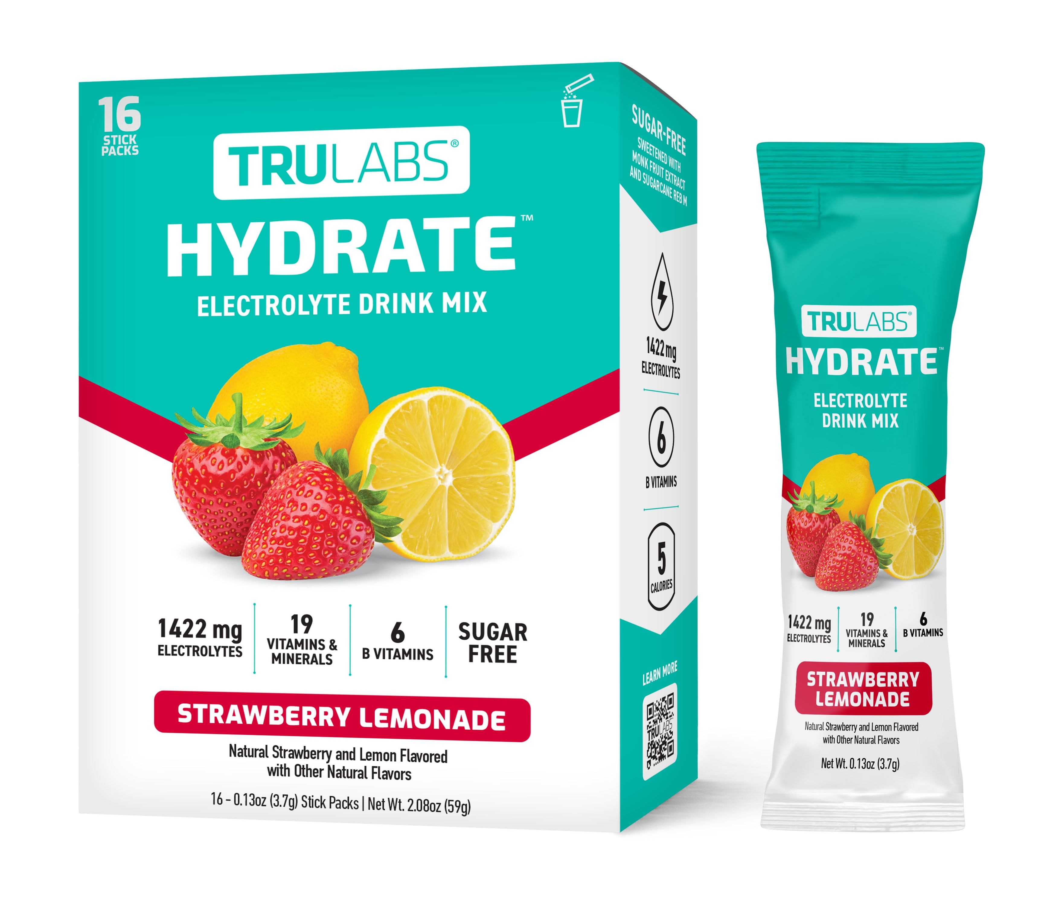 TruLabs Hydrate Powders Strawberry Lemonade, Electrolyte Drink Mix, 16 Stick Packets