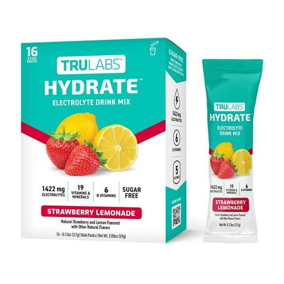 TruLabs Hydrate Powders Strawberry Lemonade, Electrolyte Drink Mix, 16 Stick Packets