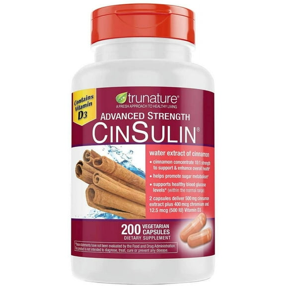 TruNature Advanced Strength Cinsulin Cinnamon, Vitamin D3 Cinnamon 500 Mg, Chromium Picolinate, 400 Mcg, 500 Iu, 200 Capsules by TruNature