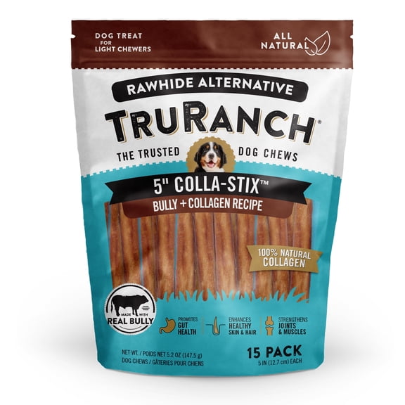 TRURANCH Collagen Sticks - 5" Collagen Sticks for Dogs - Long Lasting Healthy Joint Support Dog Treat - Rawhide Alternative - Skin & Coat Health - Made with Real Bully, 1 Bag, 15 Count