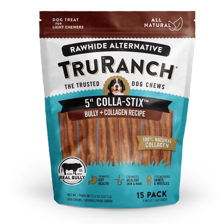 Truranch Collagen Sticks for Dogs - 5 Inch Collagen Sticks - Long Lasting Joint Support - Rawhide Alternative - Skin and Coat Health - Real Bully, 1 Bag, 15 Count