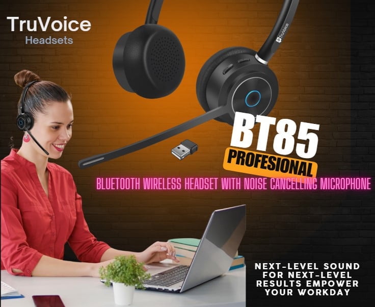 TruVoice BT85 Bluetooth Wireless Headset with V5.2 USB Dongle | Noise Suppression Speakers and NC Microphone | Fast Charging with 22 Hour Continous Talk Time - Connects with 2 Devices Simulataneously