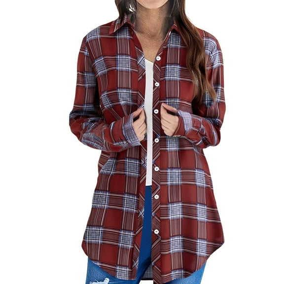 Trubkh Plaid Shirts for Women Roll Up Long Sleeve Blouses Tops Shacket Jacket Coat Long Cardigans for Women Chunky Cardigan Sweaters for Women Womens Winter Coats Red 2 2xl