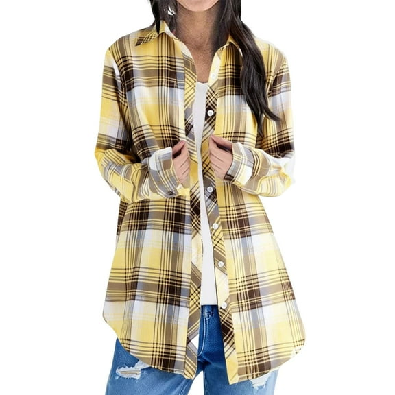 Trubkh Plaid Shirts for Women Roll Up Long Sleeve Blouses Tops Shacket Jacket Coat Long Cardigans for Women Sweater Jacket for Women Chunky Cardigan Sweaters for Women Yellow S