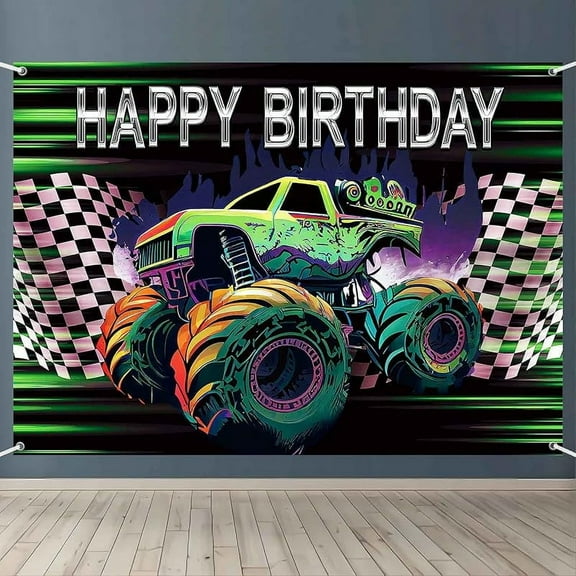 Truck Banner Backdrop Green Purple Truck Birthday Party Decorations Supplies for Boys Kids Cars Backdrop Happy Birthday Sign Party Banner Car Theme Photo Poster Background 5x3ft