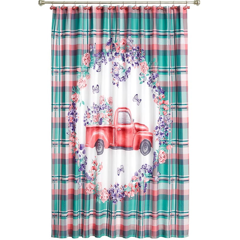 Floral Plaid Polyester Shower Curtain with Red Truck Design
