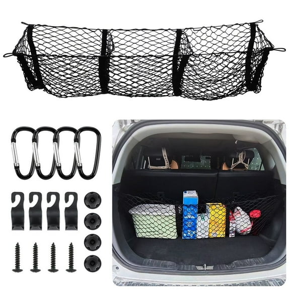 Truck Bed Cargo Net, 43.3" x 11.8" Pickup Trunk Bed Organizer with 3 Pockets, Mesh Net for Car Trunk, Detachable Cargo Net with Metal Carabiners, Truck Bed Storage Net with Hooks