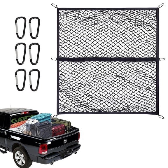 LAPTOM MAX Cargo Net Trunk Organizer, 43 x 47 in Expandable Stretchable Car Storage Net with Mesh Pocket, Heavy Duty Nylon, Universal Fit