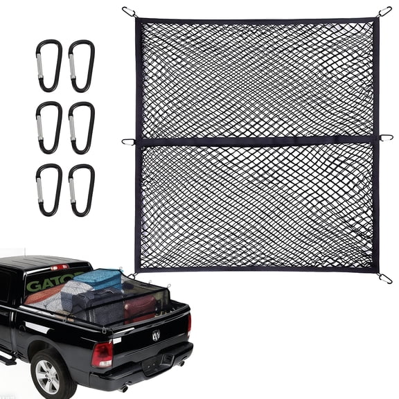 LAPTOM MAX Double Layer Cargo Net Trunk Organizer, 43 x 47 in Expandable Stretchable Car Storage Net with Mesh Pocket, Heavy Duty Nylon, Universal Fit