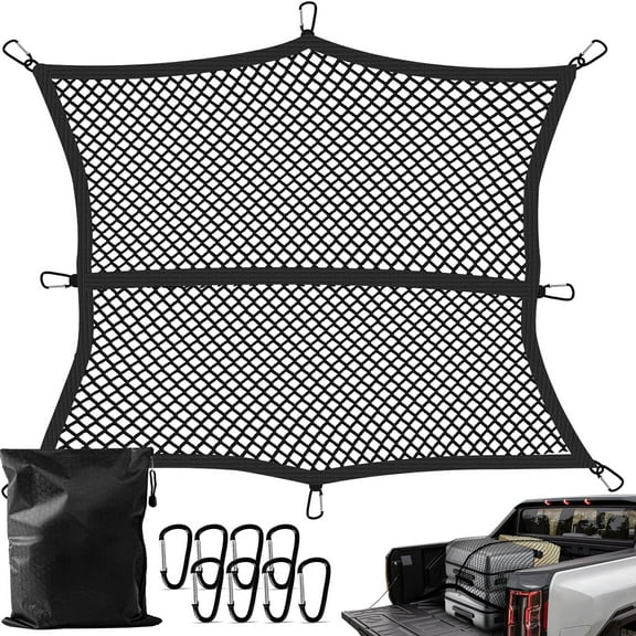 Truck Bed Cargo Net, Stretchable from 4'x4' to 7'x7',High Elastic Cargo Net with 8 rustproof Buckles, Ideal for ATV, SUV, UTV, Truck and Boat Use, Black