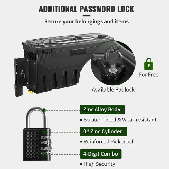Truck Bed Storage Box, Lockable Lid, Waterproof ABS Wheel Well Tool Box 6.6 Gal/20 L with Password Padlock, Compatible with Dodge Ram 1500 2019-2021, Driver Side, Black