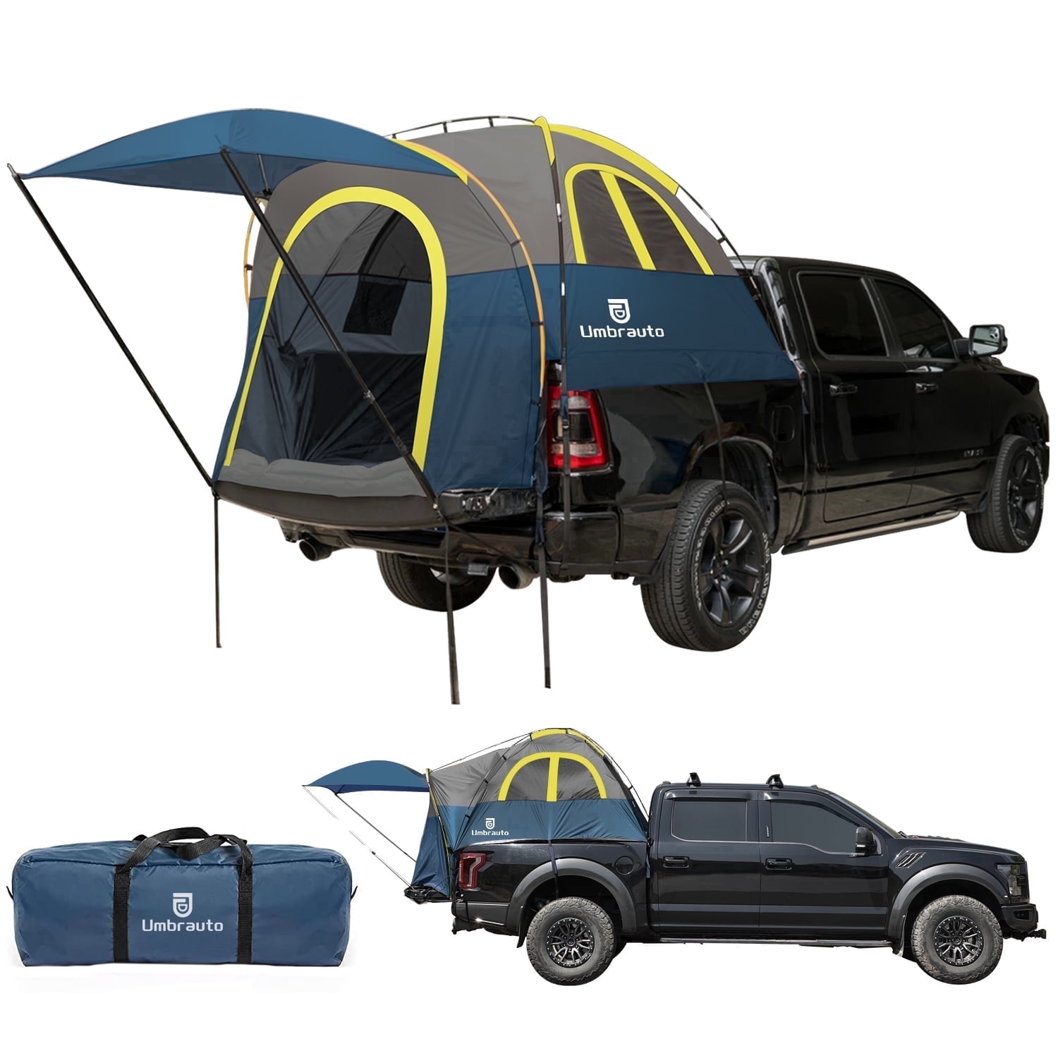 Truck Bed Tent with Awning: 5.5-5.8FT PU3000mm Waterproof Tailgate Pickup Truck Tents, Easy Set-up for 2 Person, Fits Full Size Short Bed, Chevy, Dodge, Ford, GMC, Blue&Yellow