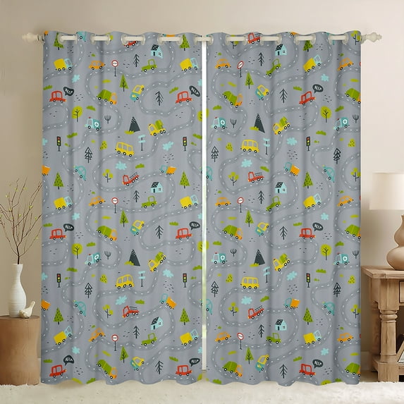 Truck Blackout Curtains, Cartoon Cars Curtains, Suburb Landscape Window Curtains, Roadway Road Map Darkening Curtains, Highway Traffic Vehicle Curtains Drapes Bedroom Decor, Grey 42"X90"