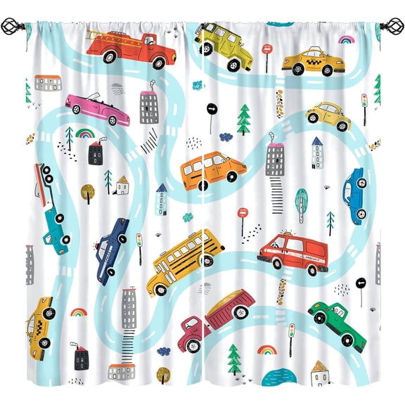 Truck Blackout Curtains for Kids Bedroom, Construction Car Tractor Toddler Cartoon Cute City Street Map Pattern Window Treatment for Boys Girls Nursery Classroom Bedroom Living Room 84"W X 84"L
