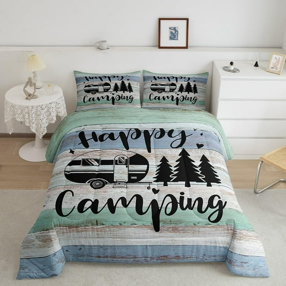 Truck Camper Accessories Comforter Set,Camper Bedding Sets Youth Teens,Happy Camping Duvet Bedding Comforters RV Inside Decor,Birthday Gifts Camper Lovers,Full Size