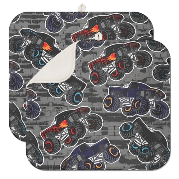 Truck and Cartoon Car Coffee Mat – Ultra Absorbent Microfiber Spill Mat with Construction Vehicle and Fire Truck Designs, Foldable Dish Drying Pad for Boys