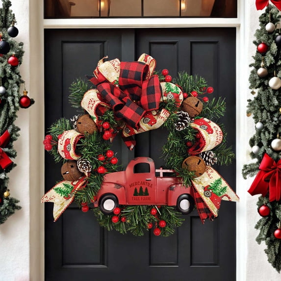 Truck Christmas Wreath for Front Door Outside, Vintage Buffalo Plaid Red Truck Wreath, Pinecone Farmhouse Wreath Rustic Autumn Thanksgiving Wreath