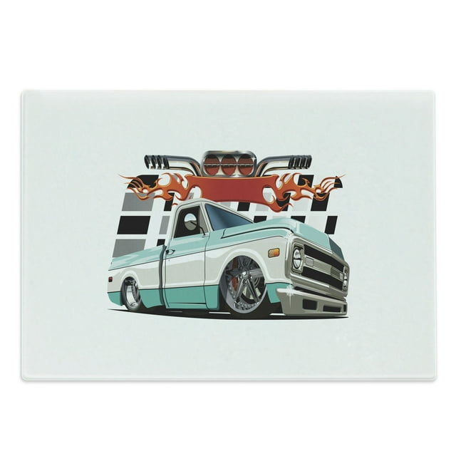 Truck Cutting Board, Lowrider Pickup with Racing Flag Pattern Background Speeding on the Streets Modified, Decorative Tempered Glass Cutting and Serving Board, Large Size, Multicolor, by Ambesonne