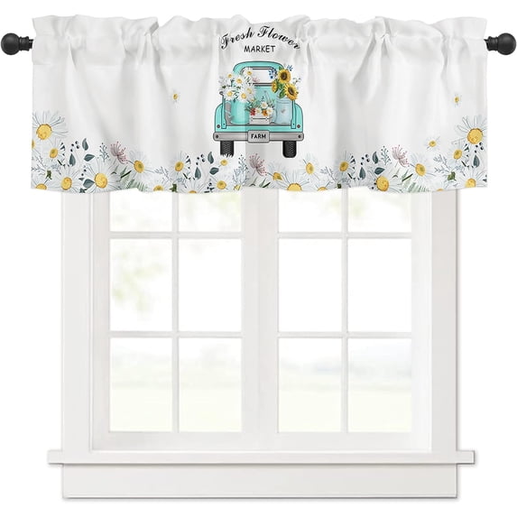 Truck Daisy Flower 1 Panel Tier Window Curtain Valance Rod Pocket Curtain Insulated Blackout Drape Short 54x18inch for Kitchen Bathroom or Small Window, Wild Floral Fresh Design Farmhouse