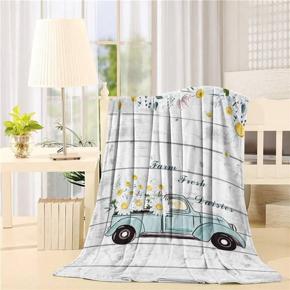 Truck Daisy Flower Throw Blanket 40" x 50", Lightweight Soft Bed Blanket for Bedroom Living Rooms, Cozy Fleece Comfy Microfiber Throw Blankets for Couch Sofa, Wild Floral Fresh Design Farmhouse Plank