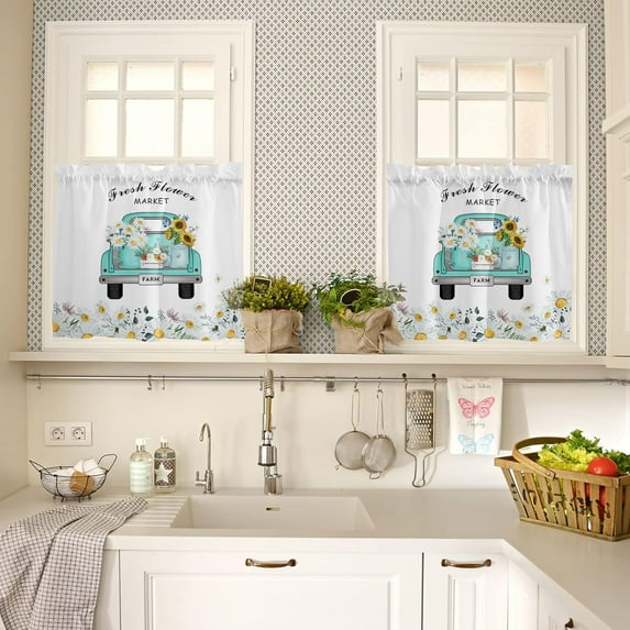 Truck Daisy Flower Tier Curtains 27.5x36inch - 2 Panels Rod Pocket Valance Curtains Half Window Curtain Tiers for Bathroom Kitchen Cabinet Rod Pocket, Wild Floral Fresh Design Farmhouse