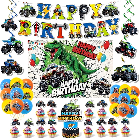 Truck & Dinosaur Birthday Decorations Set - Happy Birthday Banner, Backdrop, Balloons & Cake Toppers for Party Decor
