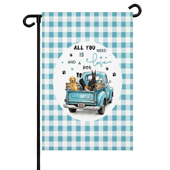 Truck Dog Garden Flag 12x18 Inch Watercolor Blue Truck Dogs Paw Print Blue Plaid Double Sided Small Decorative Garden Flags for Outside, Outdoor Yard Porch Lawn Decoration