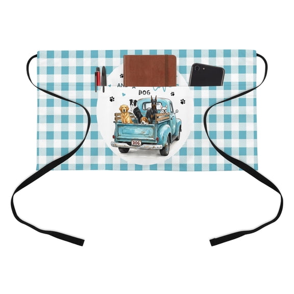 Truck Dog Kitchen Restaurant Half Waist Apron, Watercolor Blue Truck Dogs Paw Print Blue Plaid Server Short Apron with 3 Pockets Waterproof Oil Waist Aprons for Women Waitress Waiter