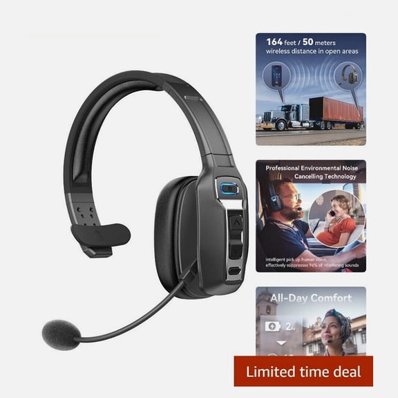 Truck Driver Bluetooth Headset with 270 Adjustable Microphone, AI Noise Cancellation & Mute Button, Supports Hands-Free Calls, for Home/Office/Call Centers (Black)