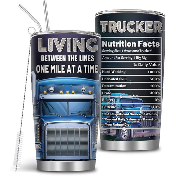 Truck Driver Gifts for Men, 20oz Stainless Steel Trucker Tumblers with Brush & Straw, Driver Tumbler for Him, Truck Tumbler, Birthday Gift, Trucker Gifts for Him
